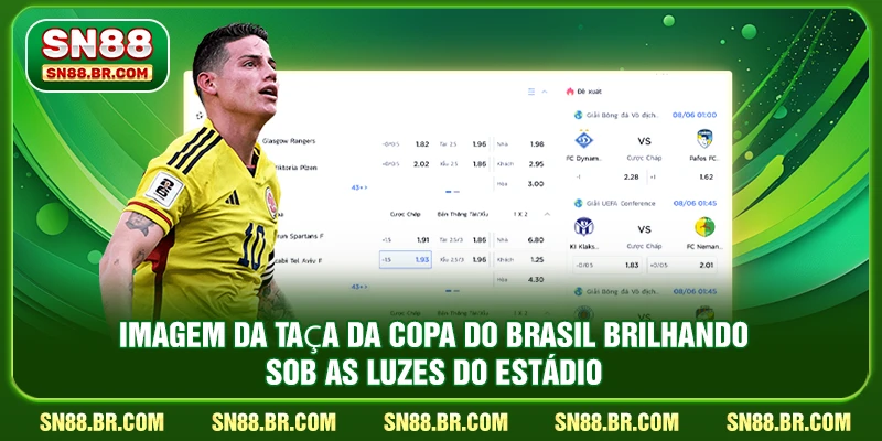 Imagem da taça da Copa do Brasil brilhando sob as luzes do estádio